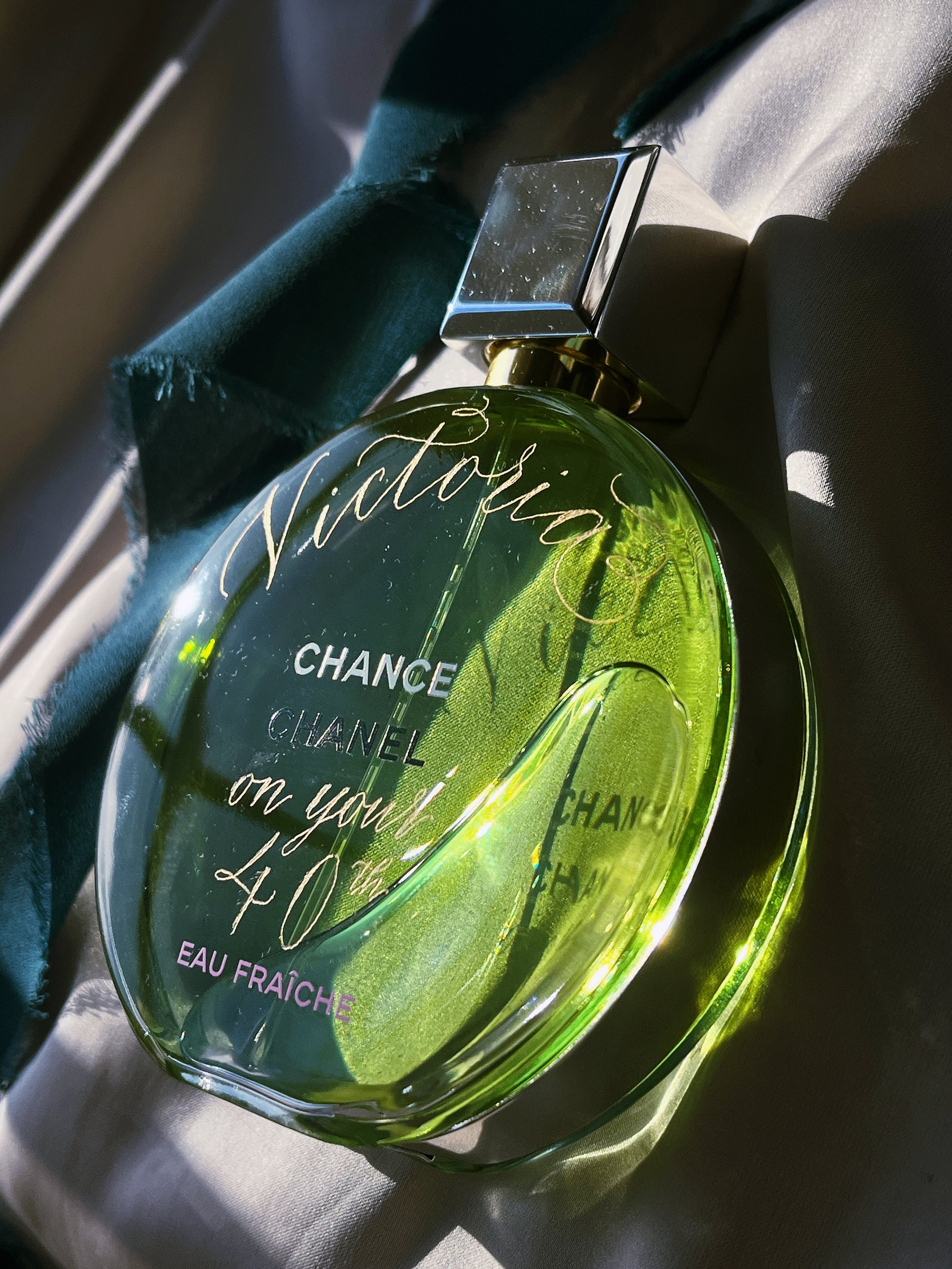 Chanel Chance perfume fragrance calligraphy engraving customisation personalisation service in Hampshire London Surrey Berkshire UK bridal party ideas wedding guests luxury gift ideas for loved ones engraved with calligraphy name handmade Jodie Rose Calligraphy