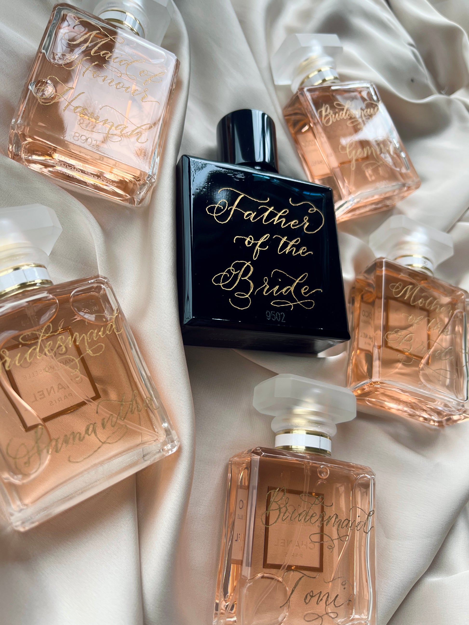 Chanel Mademoiselle no. 05 perfume fragrance calligraphy engraving customisation personalisation service in Hampshire London Surrey Berkshire UK bridal party ideas wedding guests luxury gift ideas for loved ones engraved with calligraphy name handmade Jodie Rose Calligraphy