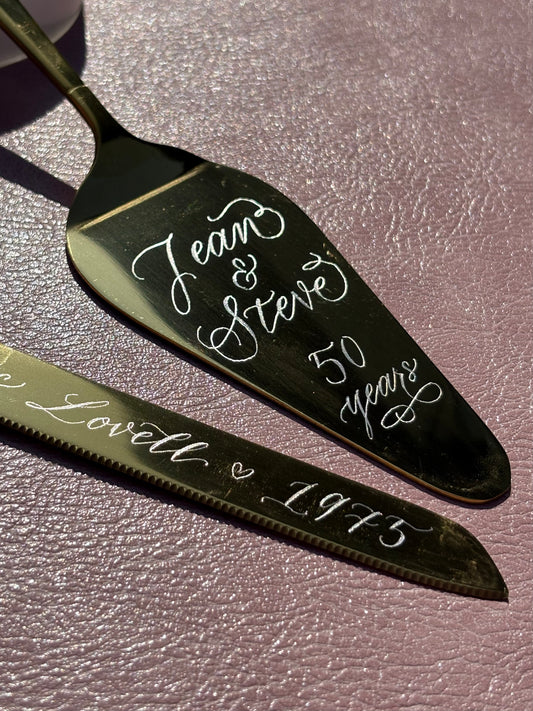 hand engraved stainless cake server personalised with elegant calligraphy available in the UK 