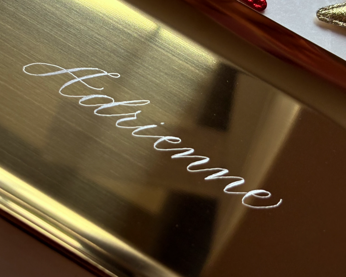 engraved trinket tray with name perfume fragrance calligraphy engraving customisation personalisation service in Hampshire London Surrey Berkshire UK bridal party ideas wedding guests luxury gift ideas for loved ones engraved with calligraphy name handmade Jodie Rose Calligraphy