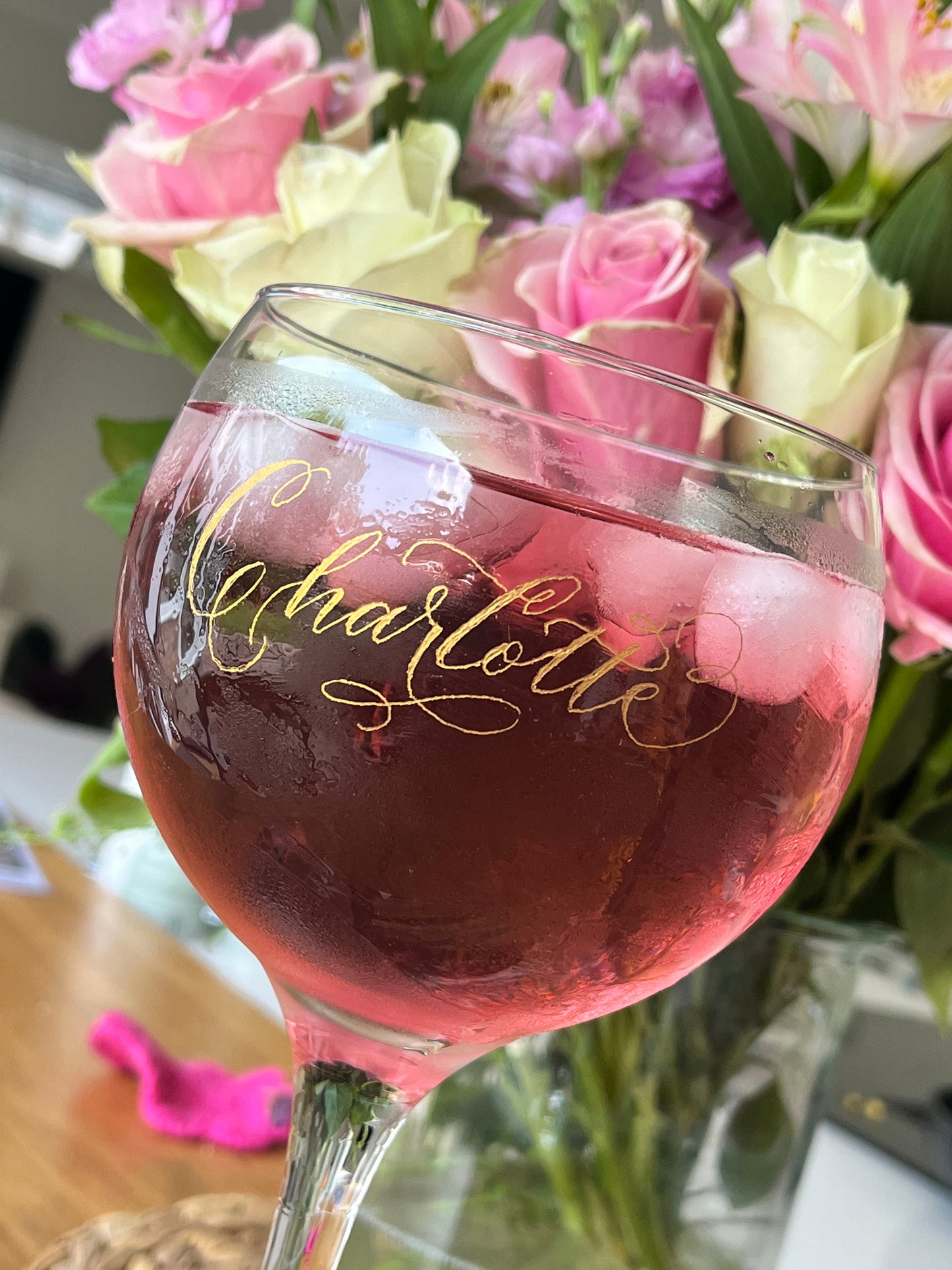 Wine and gin glass flute perfume fragrance calligraphy engraving customisation personalisation service in Hampshire London Surrey Berkshire UK bridal party ideas wedding guests luxury gift ideas for loved ones engraved with calligraphy name handmade Jodie Rose Calligraphy