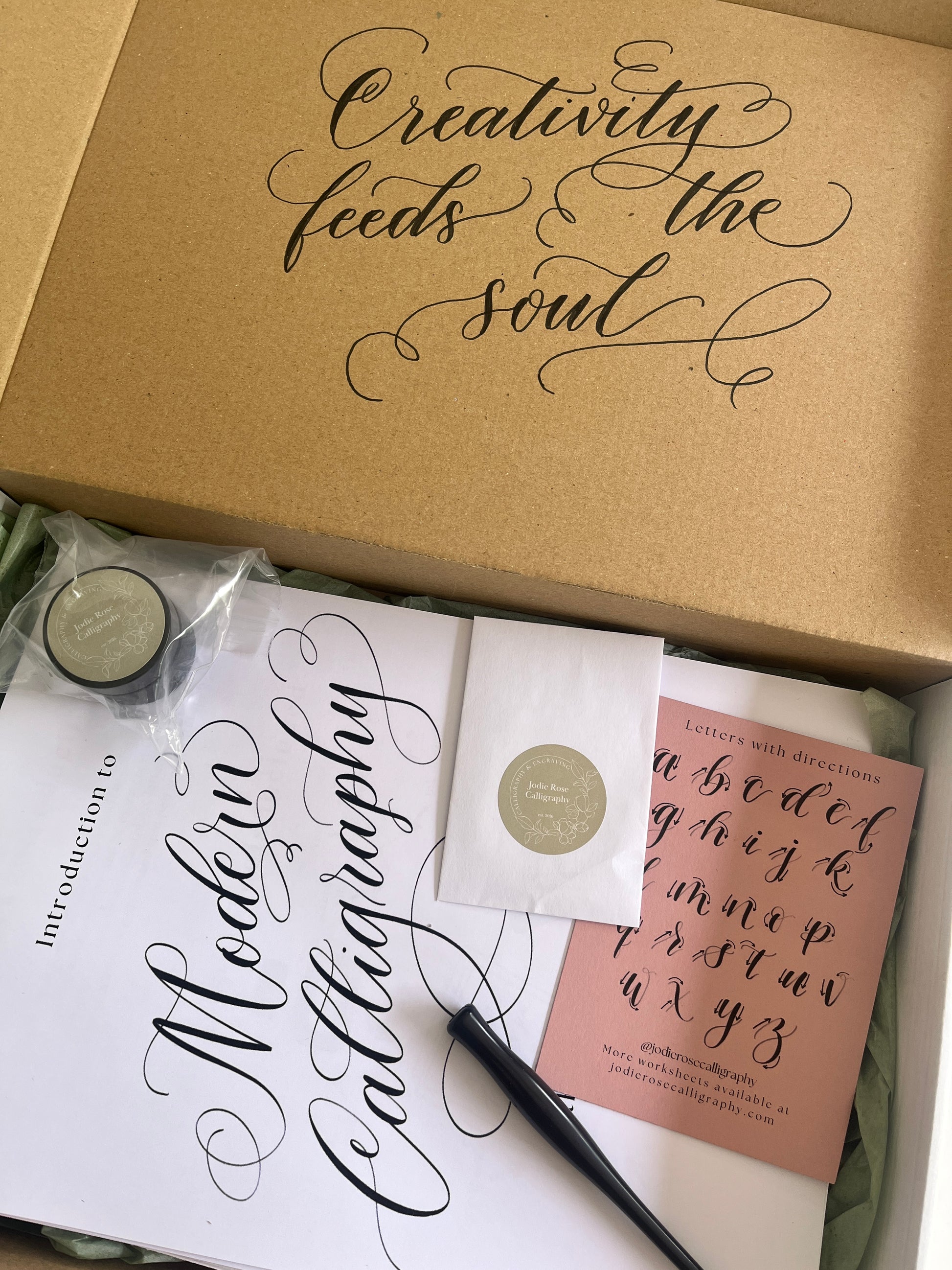 Modern calligraphy starter kit with pen, nib, ink and practice sheets for beginners and improvers in a personalised gift box, great for crafty and arty friends and family