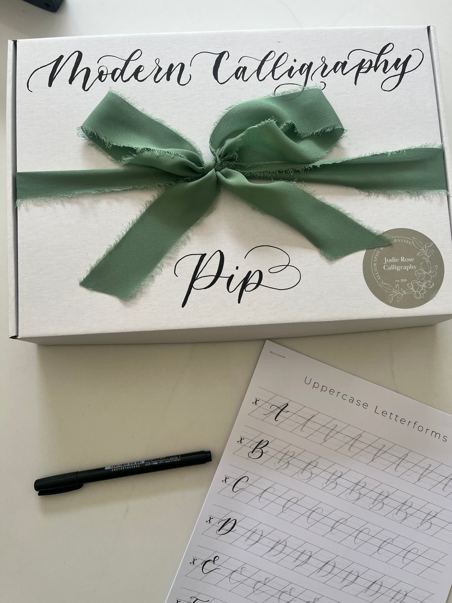 Modern calligraphy starter kit with pen, nib, ink and practice sheets for beginners and improvers in a personalised gift box, great for crafty and arty friends and family, Hampshire and Surrey UK