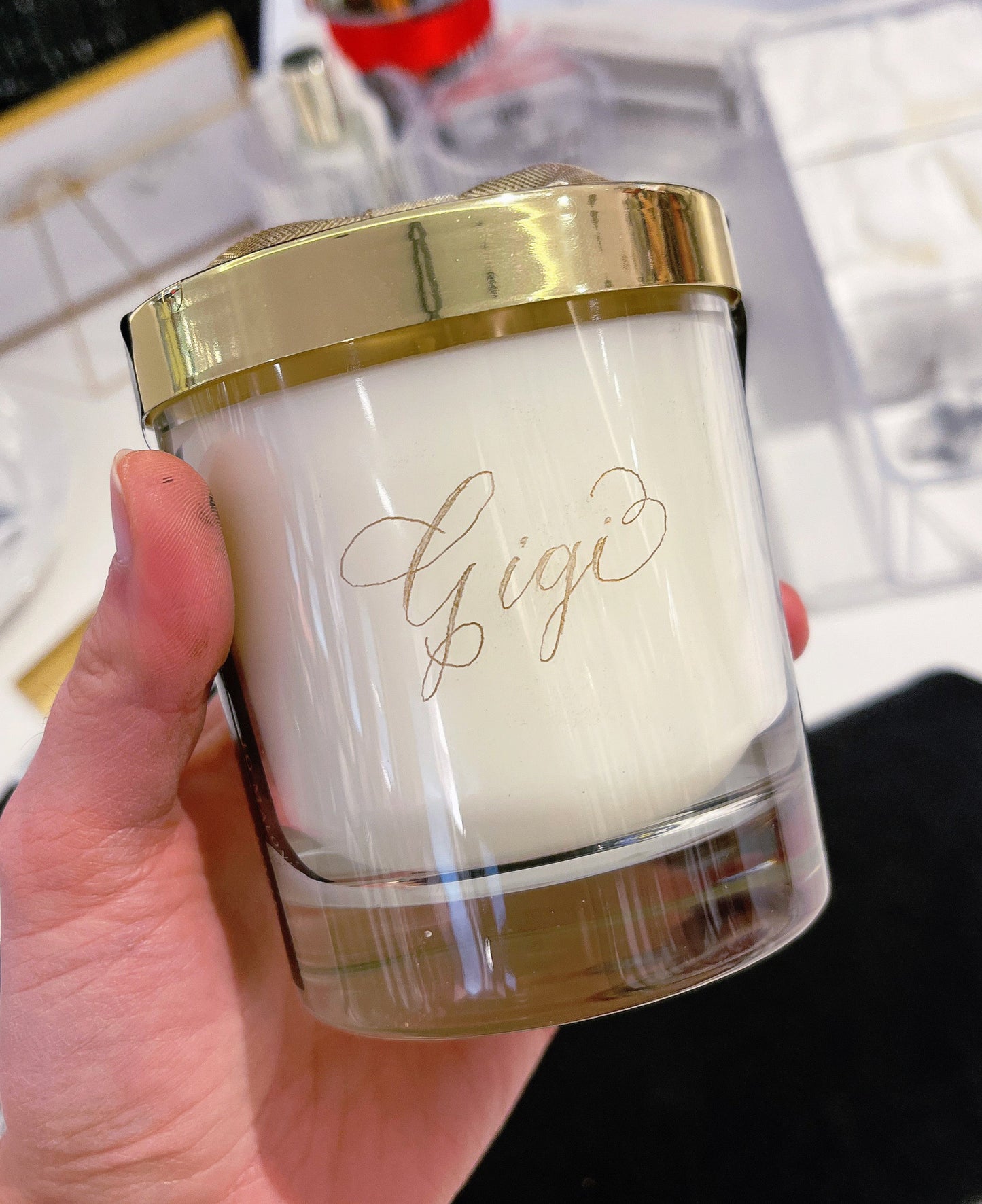 Jo Malone Candle perfume fragrance calligraphy engraving customisation personalisation service in Hampshire London Surrey Berkshire UK bridal party ideas wedding guests luxury gift ideas for loved ones engraved with calligraphy name handmade Jodie Rose Calligraphy