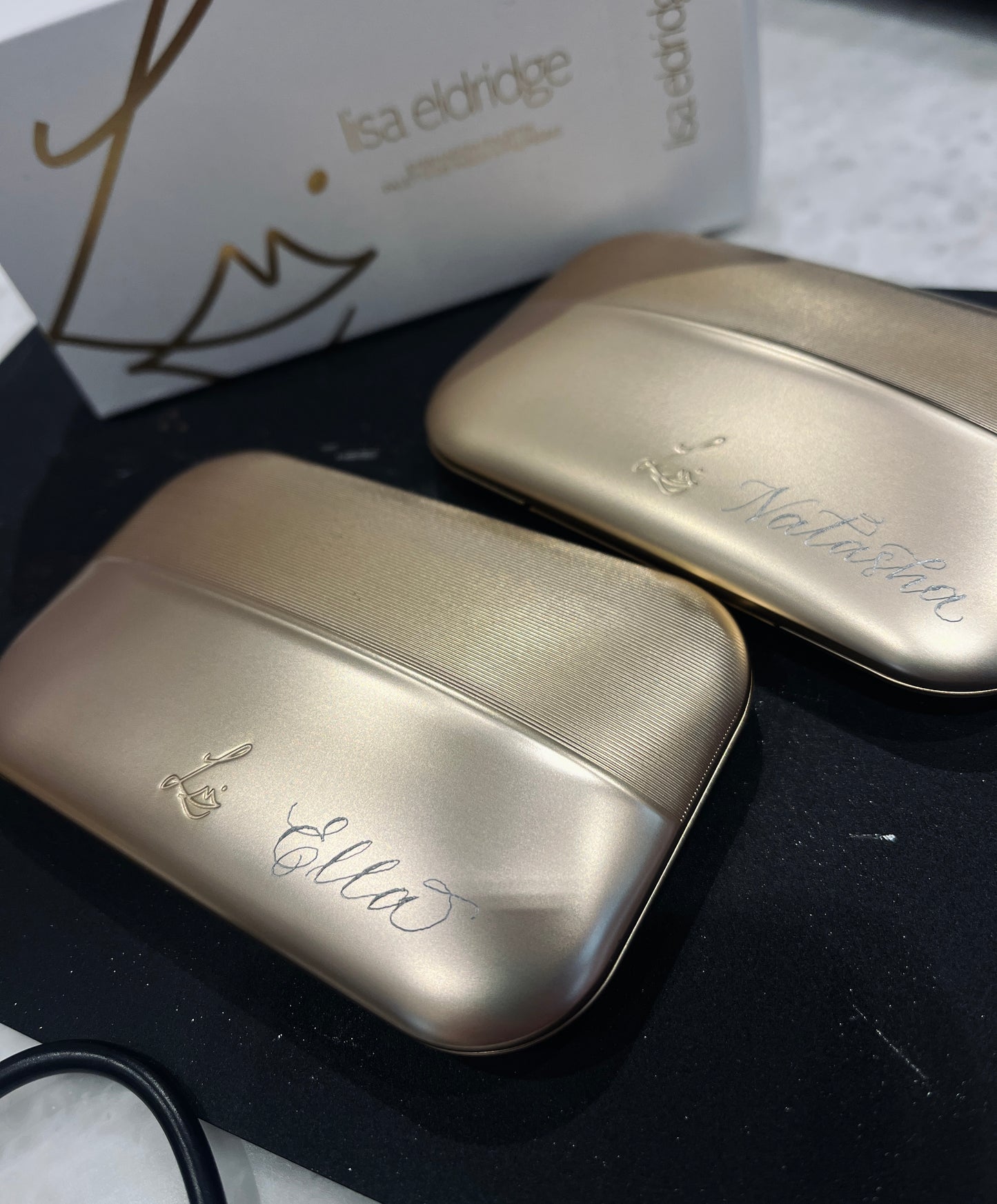 Lisa Eldridge Makeup Palettes Engraved with names perfume fragrance calligraphy engraving customisation personalisation service in Hampshire London Surrey Berkshire UK bridal party ideas wedding guests luxury gift ideas for loved ones engraved with calligraphy name handmade Jodie Rose Calligraphy SpaceNK